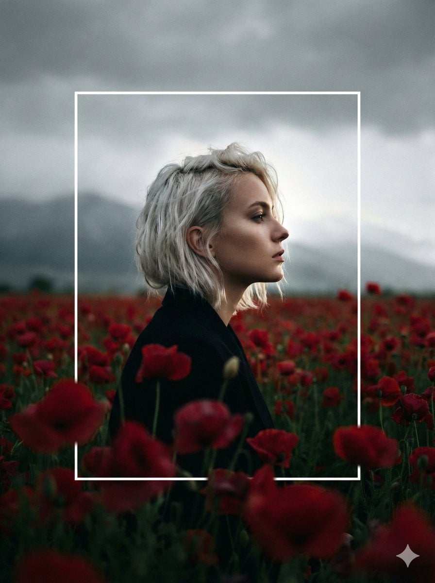 A cinematic, high-contrast profile portrait of a woman with short, platinum-blonde hair, ...