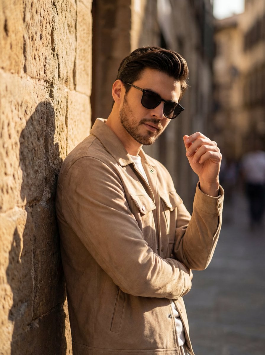 A cinematic golden hour portrait of a stylish man leaning against a textured stone wall, ...