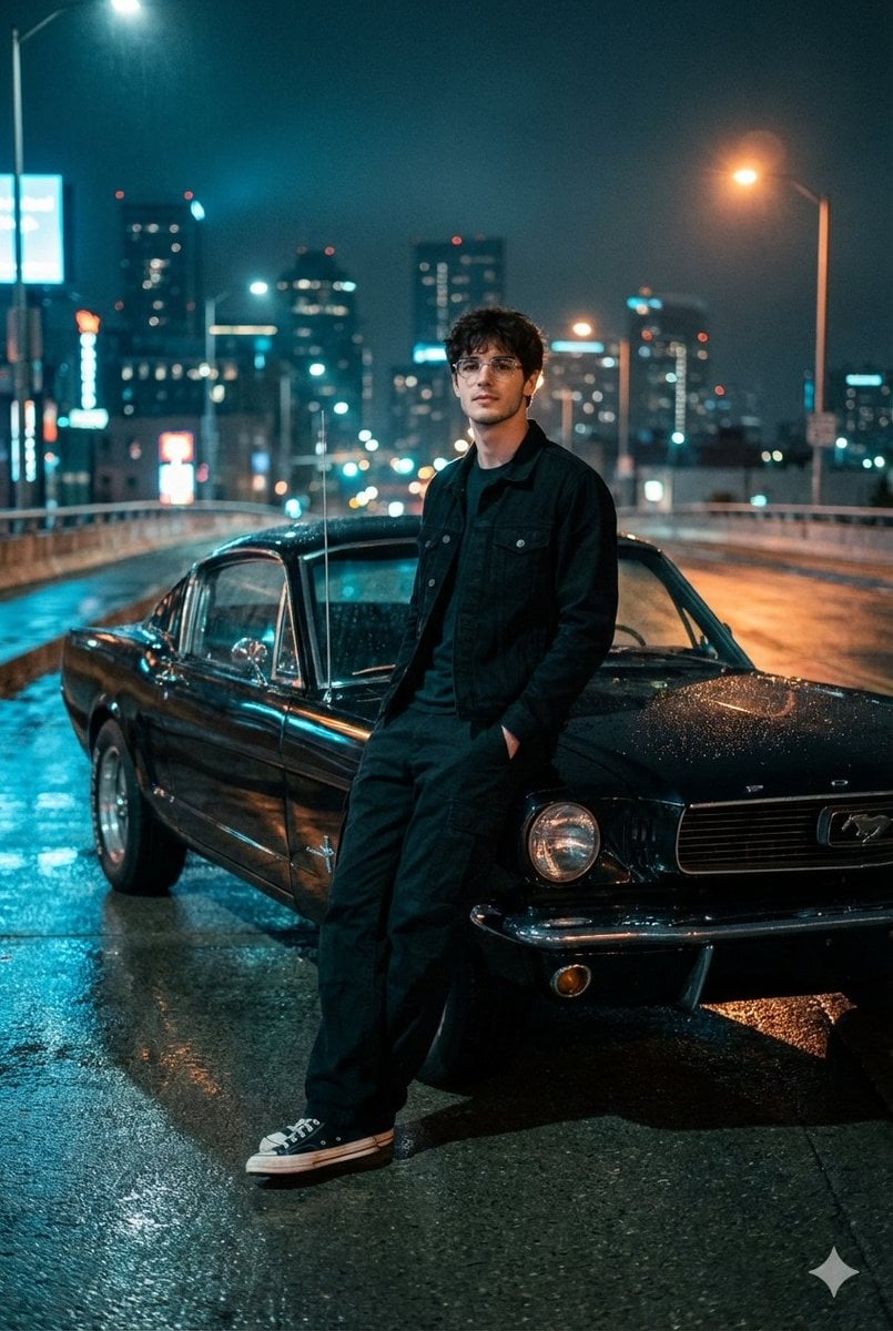 A Cinematic Night Photo On A Dimly Lit Urban Overpass With A View Of The City Skyline. In...