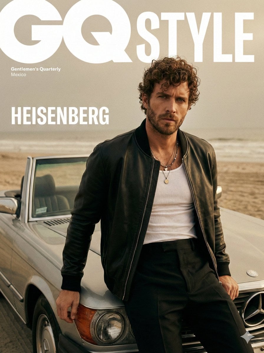 A cinematic fashion editorial portrait of male model for a GQ Style magazine cover. He is...
