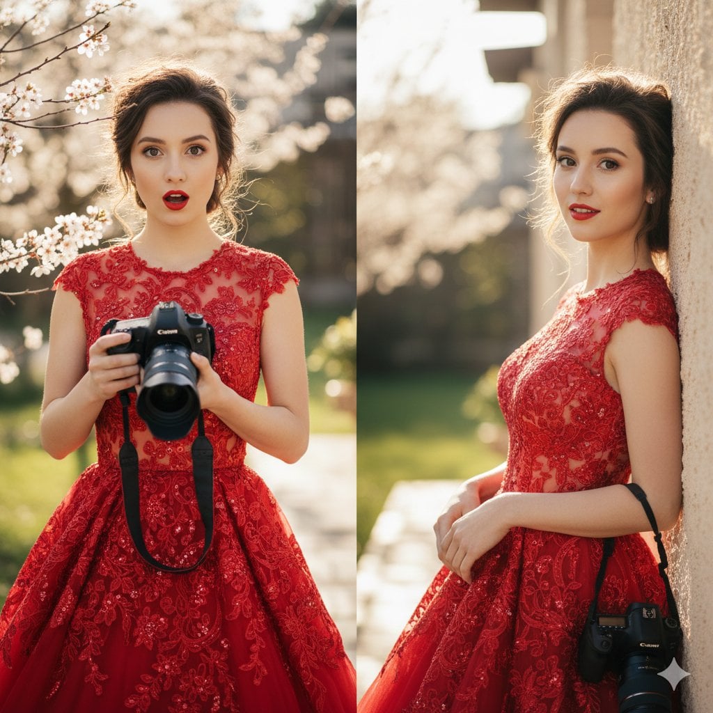 A young woman with an elegant, polished look. In one frame, she has an expressive, surpri...