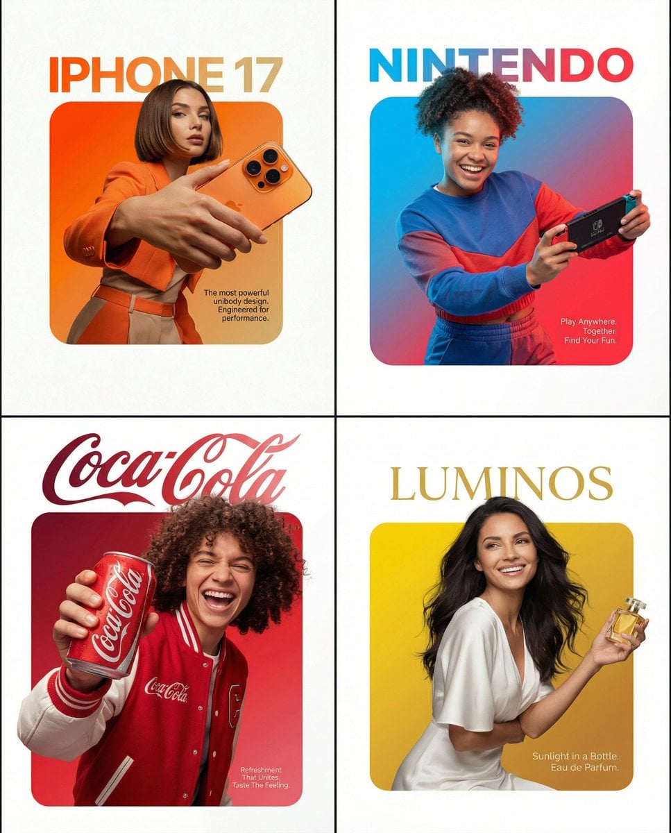 A professional high-end graphic design advertisement composition on a pure solid white ca...
