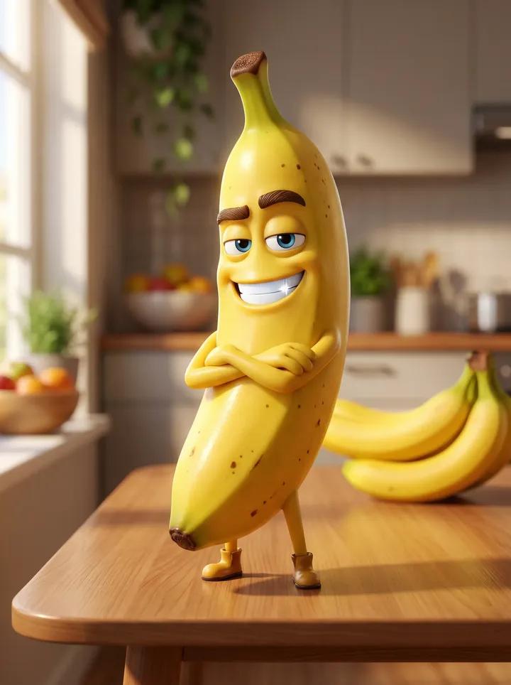 A Pixar-style 3D animated character of a single banana. Handsome male character with shar...