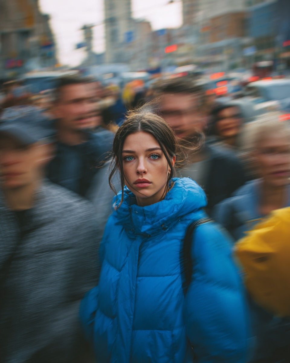 Ultra-realistic cinematic street portrait of a young woman in a bright blue puffer jacket...