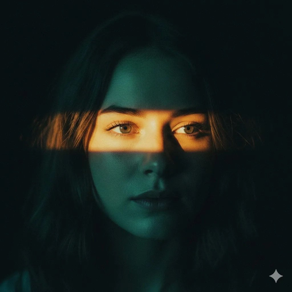 Ultra-realistic cinematic portrait of a young woman with soft brown hair, centered compos...