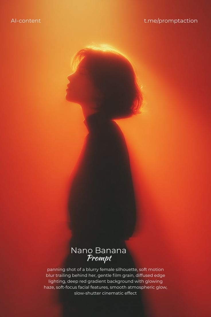 panning shot of a blurry female silhouette, soft motion blur trailing behind her, gentle ...