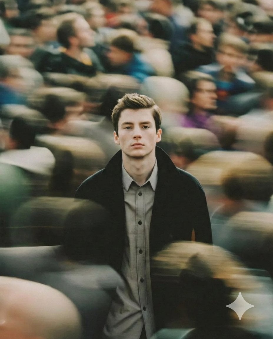 A cinematic portrait of a young man standing still in the middle of a busy crowd, sharp f...