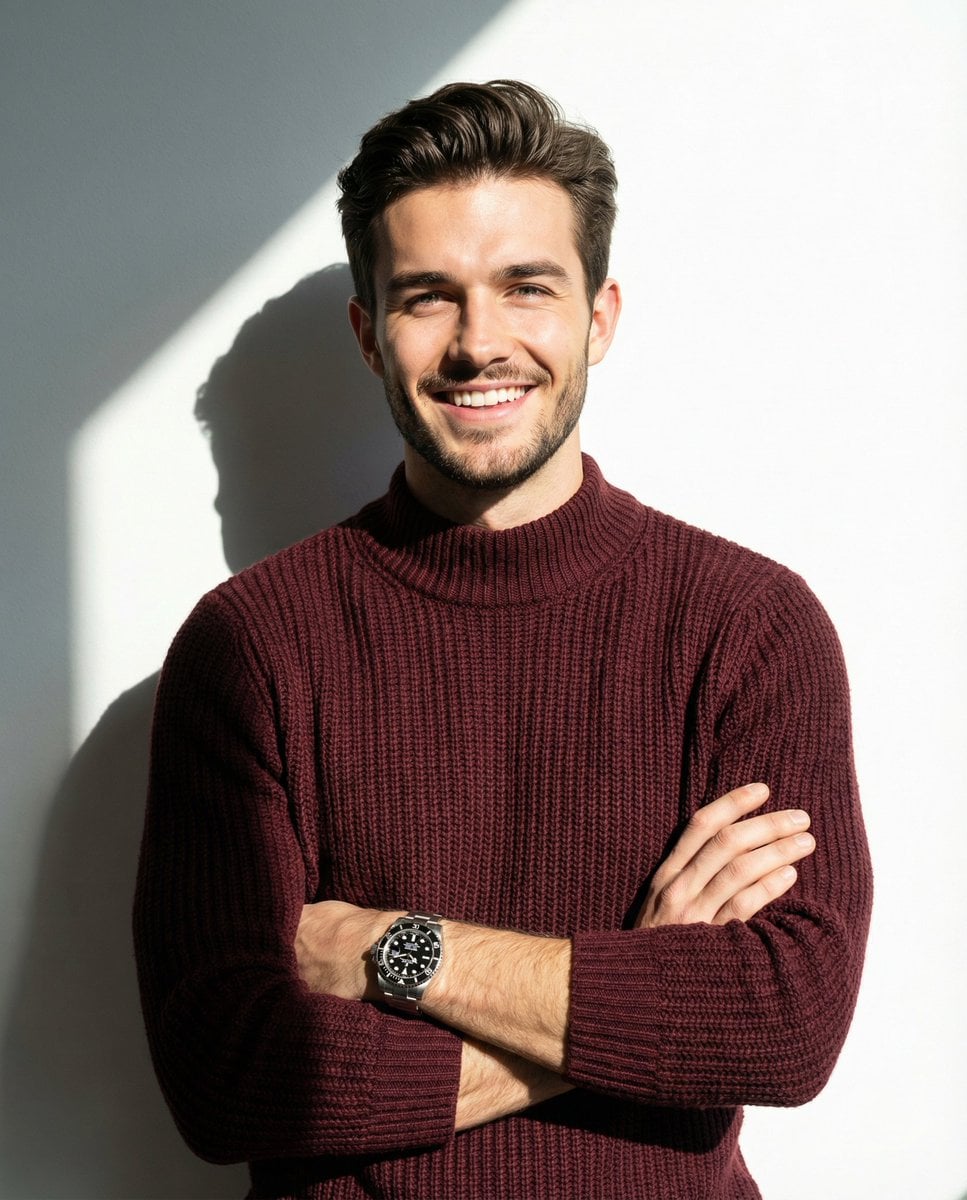 A man smiling and posing with his arms crossed, wearing a maroon knitted high-collar swea...