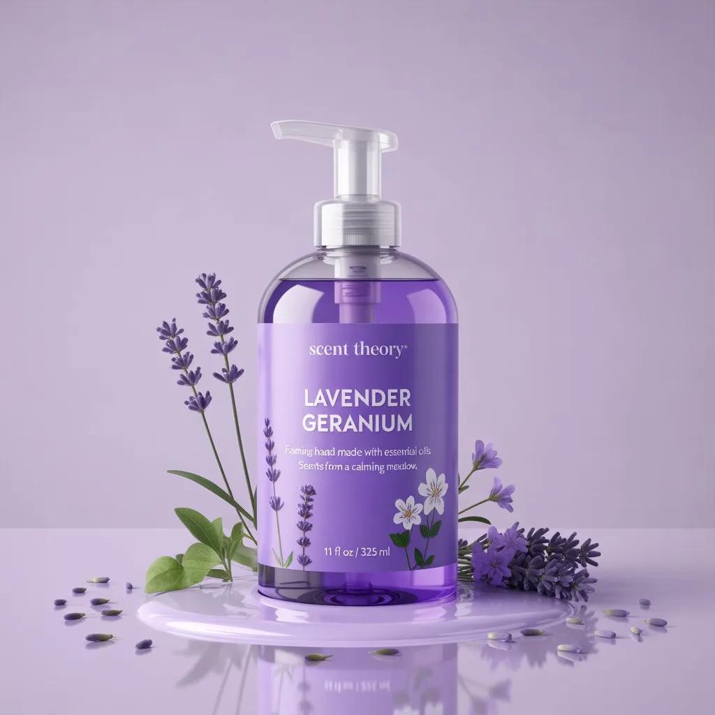 Use the uploaded image as the exact visual reference for product design, label, lavender ...