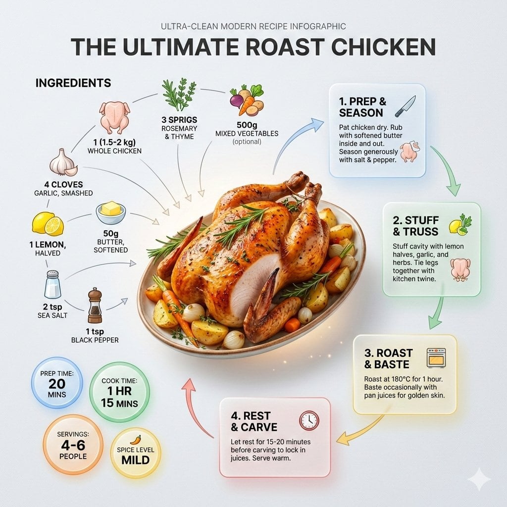 Ultra-clean modern recipe infographic. Showcase Roast chicken in a visually appealing fin...
