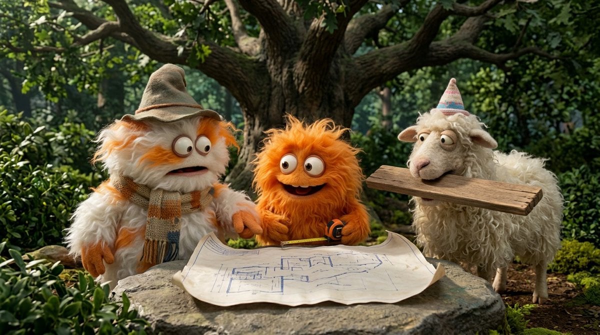 Create a funny 4-part story featuring 3 fluffy creatures building a treehouse. The story ...
