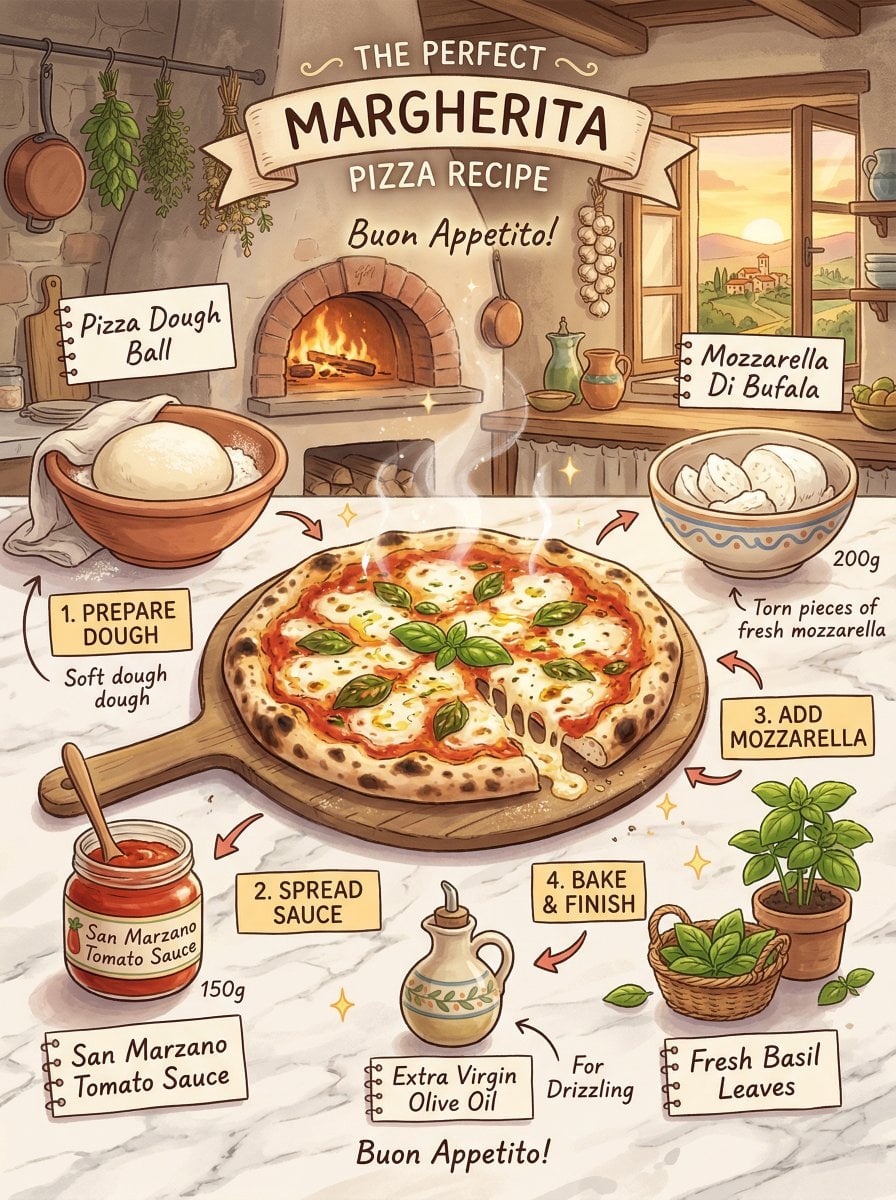margherita pizza recipe infographic, Studio Ghibli inspired illustration, traditional Ita...