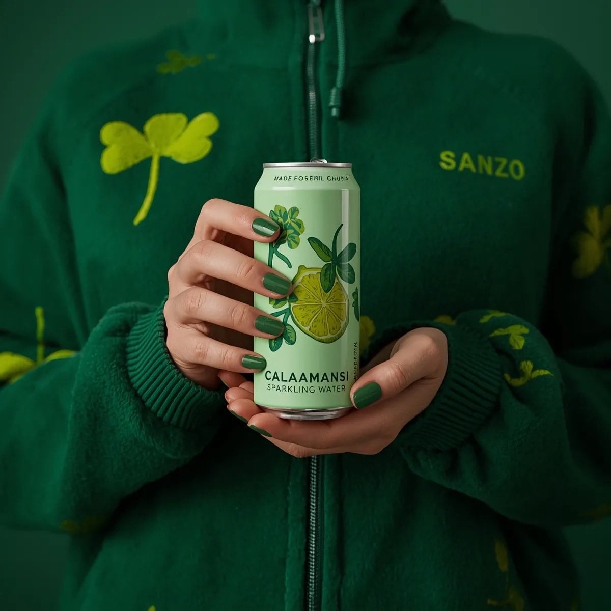 A photorealistic product shot of a person holding a slim, light green can of Sanzo Calama...