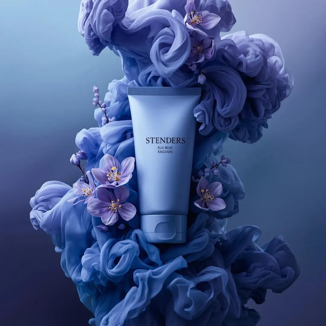 Ultra-realistic luxury cosmetic product photography in a dramatic monochromatic blue-viol...