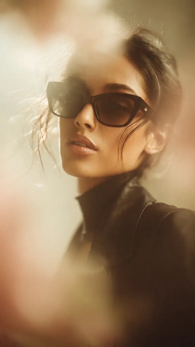 Ultra-realistic cinematic fashion portrait of a stylish woman wearing oversized black cat...