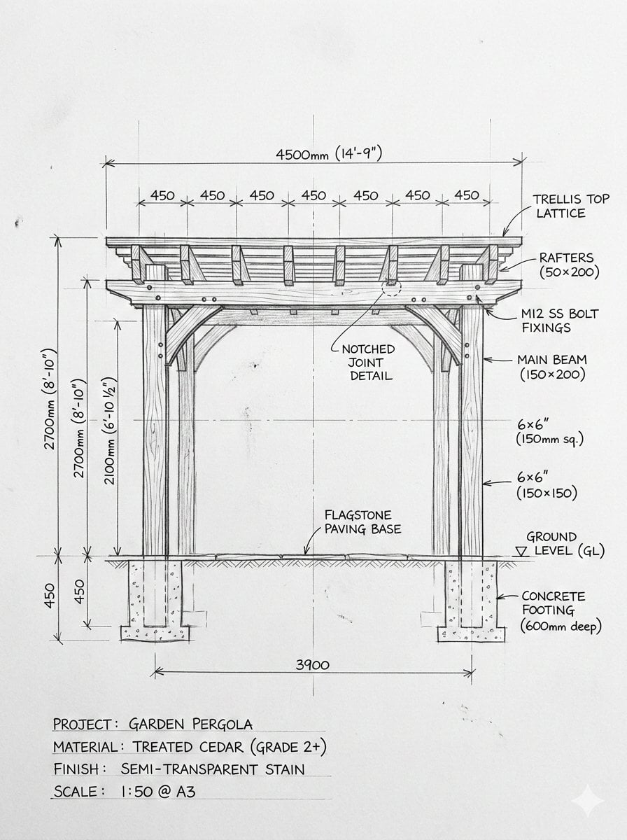 Pergola Blueprint Prompt: Hand-drawn architectural pencil sketch of a wooden garden pergo...