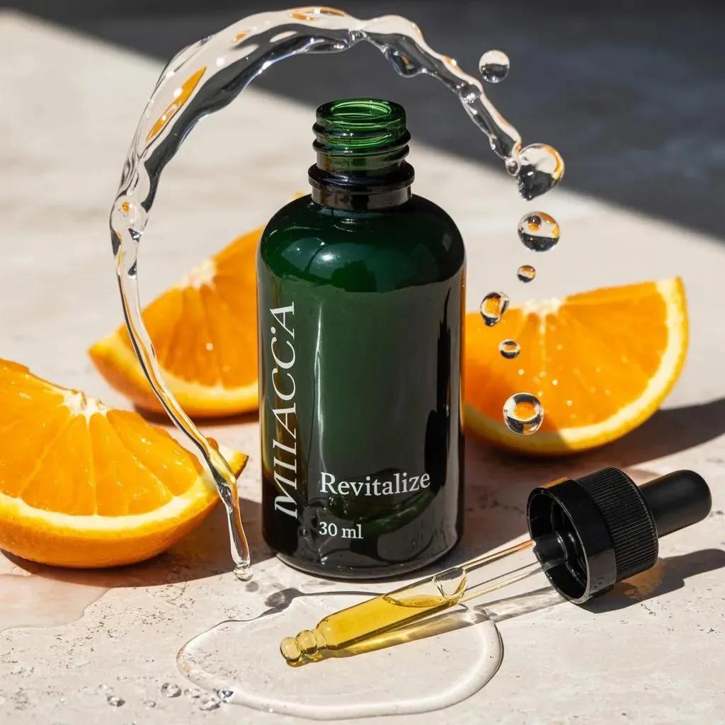 Ultra-realistic premium skincare serum bottle (dark green glass with dropper), golden liq...