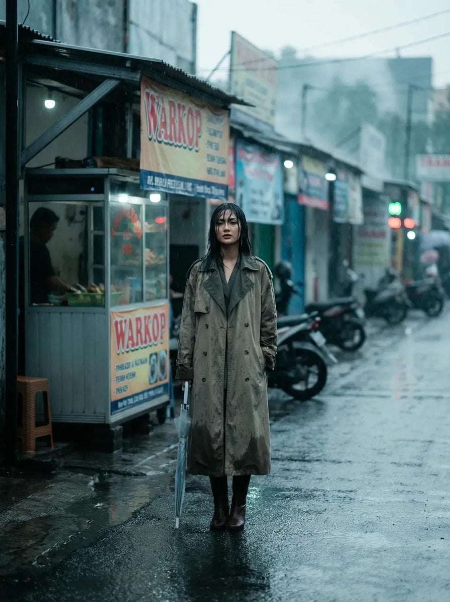 Full body fashion editorial of a beautiful Indonesian woman, wet pavement outside warkop,...