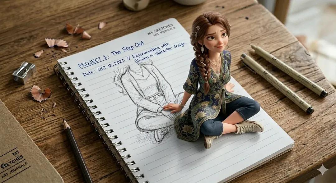 A creative 3D illusion artwork of a cute young girl stepping out of a spiral notebook pag...