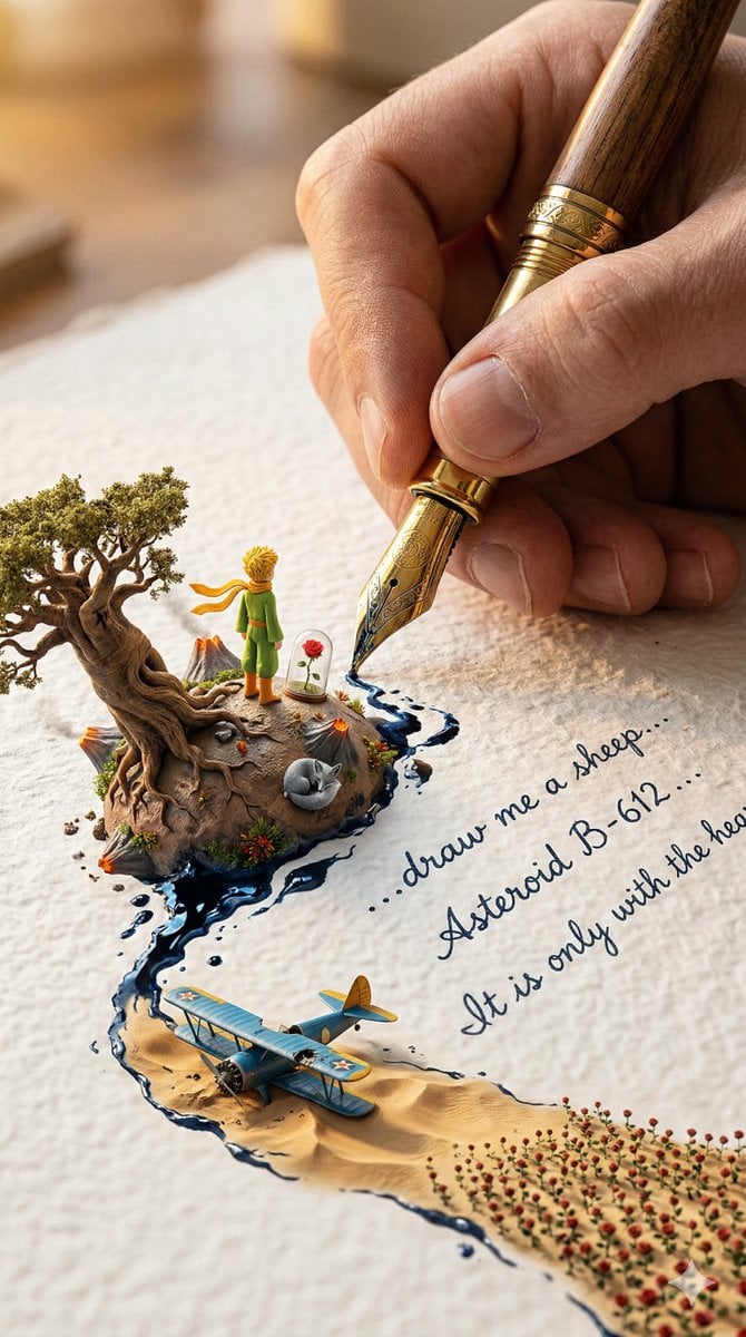 A colossal hand gripping an enormous vintage fountain pen, captured in vertical portrait ...
