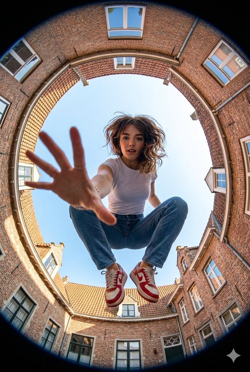Make an Ultra-wide fisheye lens perspective shot from ground level looking straight up at...