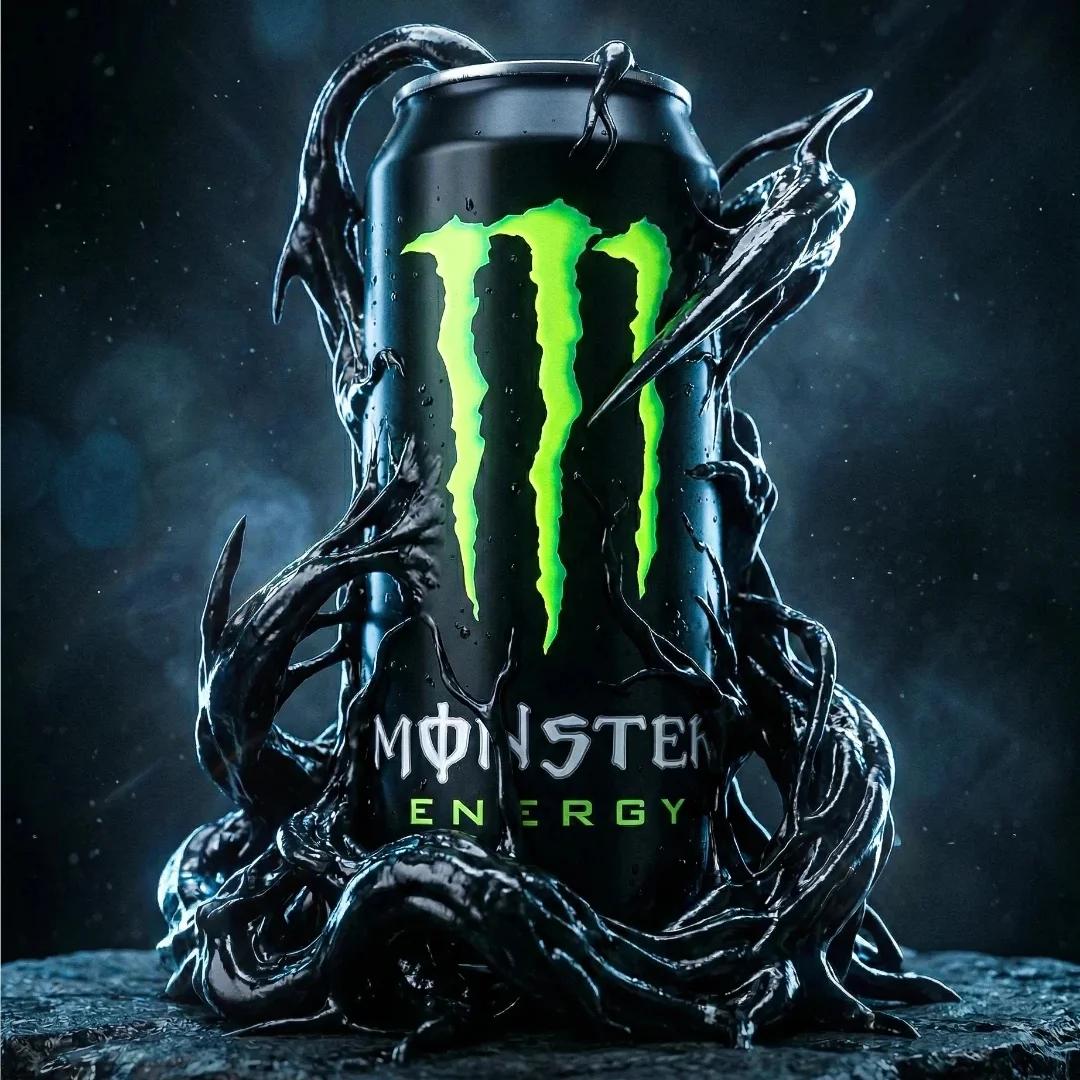 Cinematic ultra-high-end product photography of an official Monster Energy drink can a st...