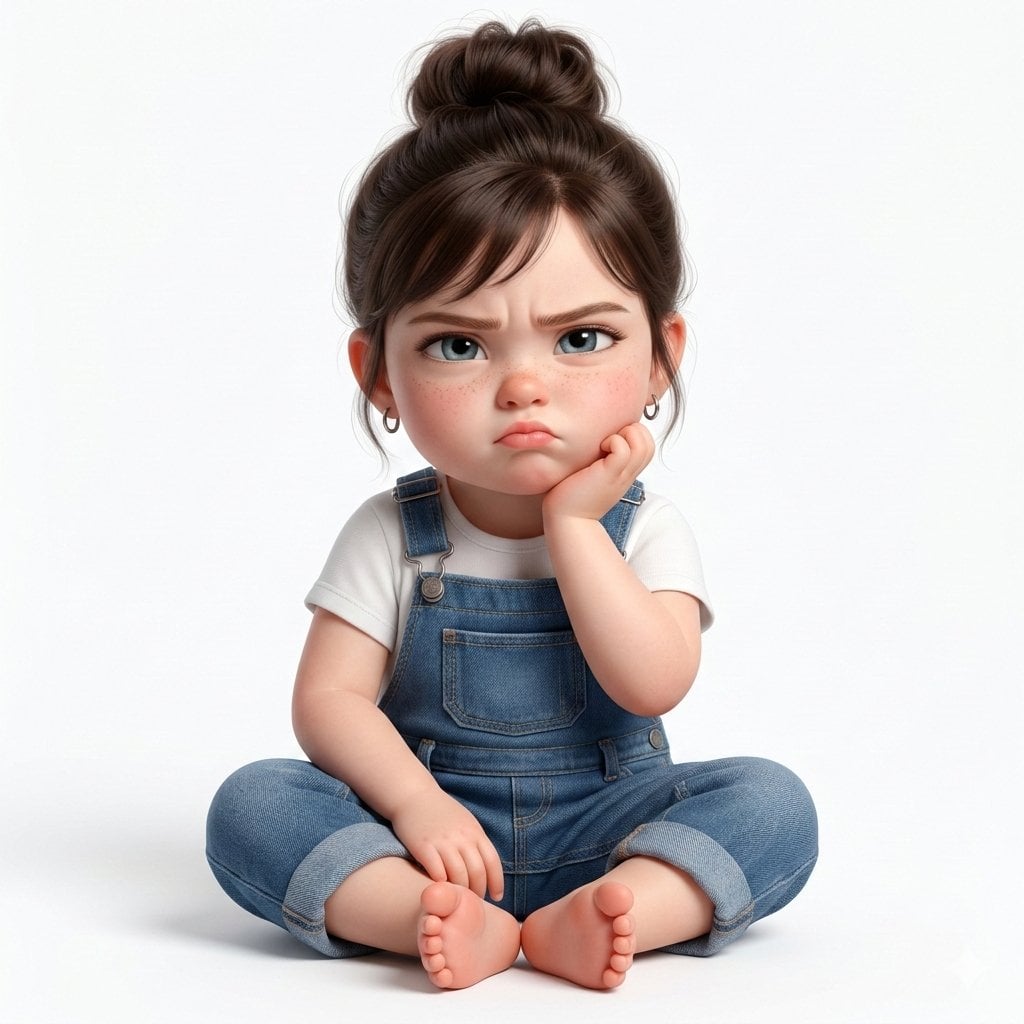 Create a super cute, hyper-realistic 3D render of a toddler girl who is a younger version...