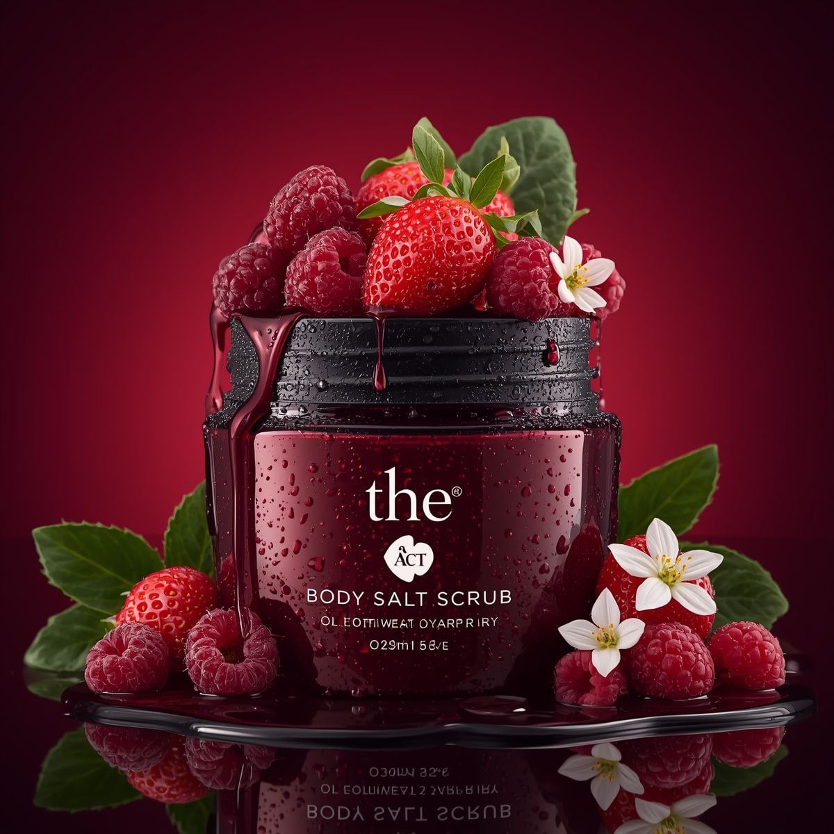 Use the uploaded image as the exact visual reference for jar design, label, strawberries,...