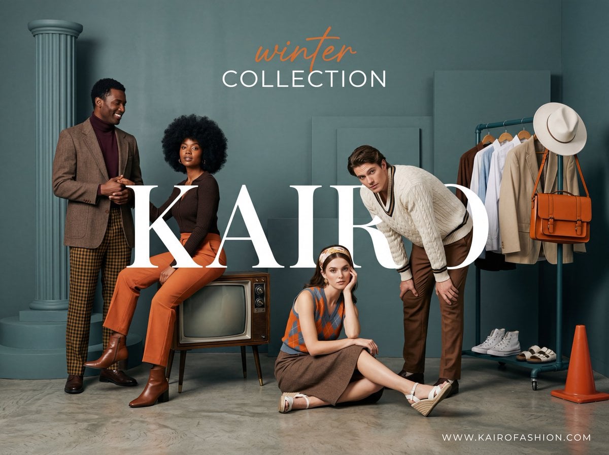 A wide-angle, studio fashion advertisement with a sophisticated retro-modern aesthetic. T...