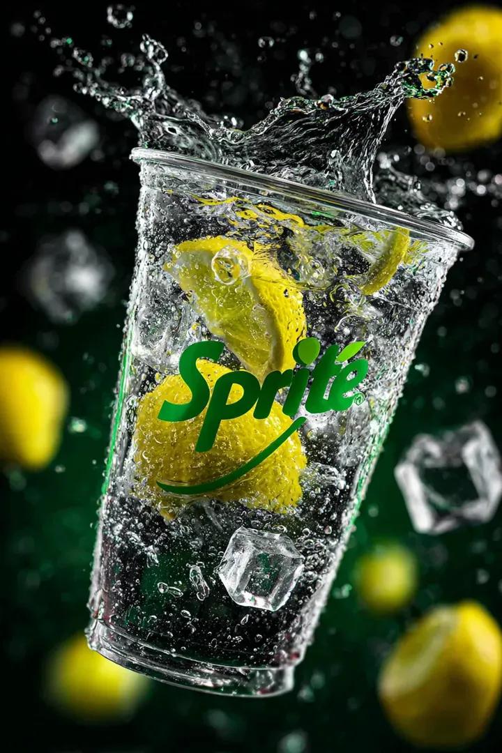 A transparent cup filled with fresh Sprite lemon soda floating in the air, surrounded by ...