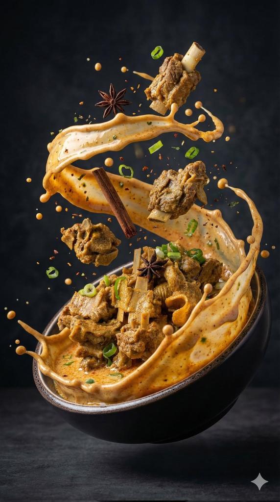 Ultra-realistic cinematic food photography of a bowl of rich spicy meat soup exploding up...