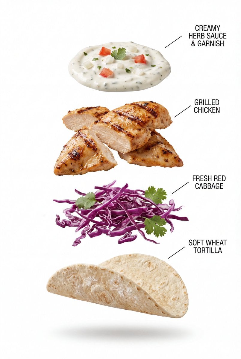 A high-quality, professional product photograph of a grilled chicken taco filled with jui...