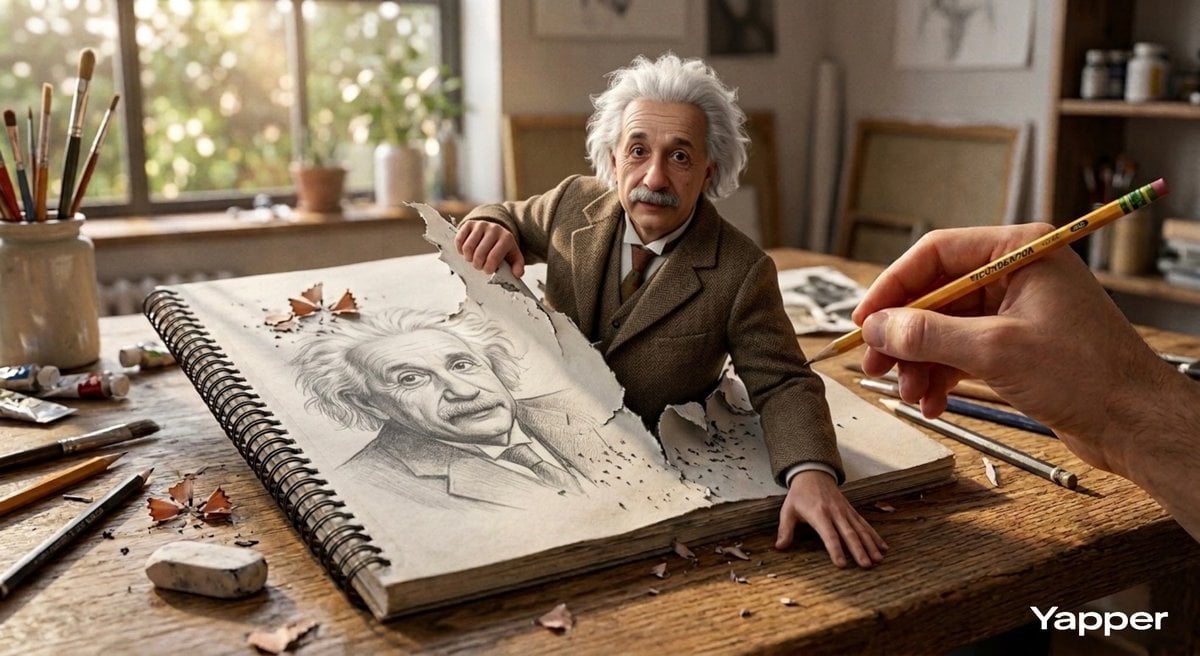 Hyper-realistic 3D illustration of Albert Einstein emerging from the pages of a sketchboo...