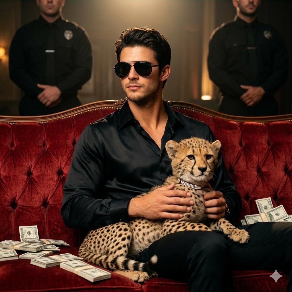 Using the reference picture, create A stylish man sitting on a luxurious vintage red velv...