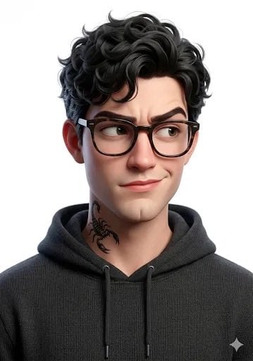 3D stylized character portrait of a young man, curly dark hair, wearing black round glass...