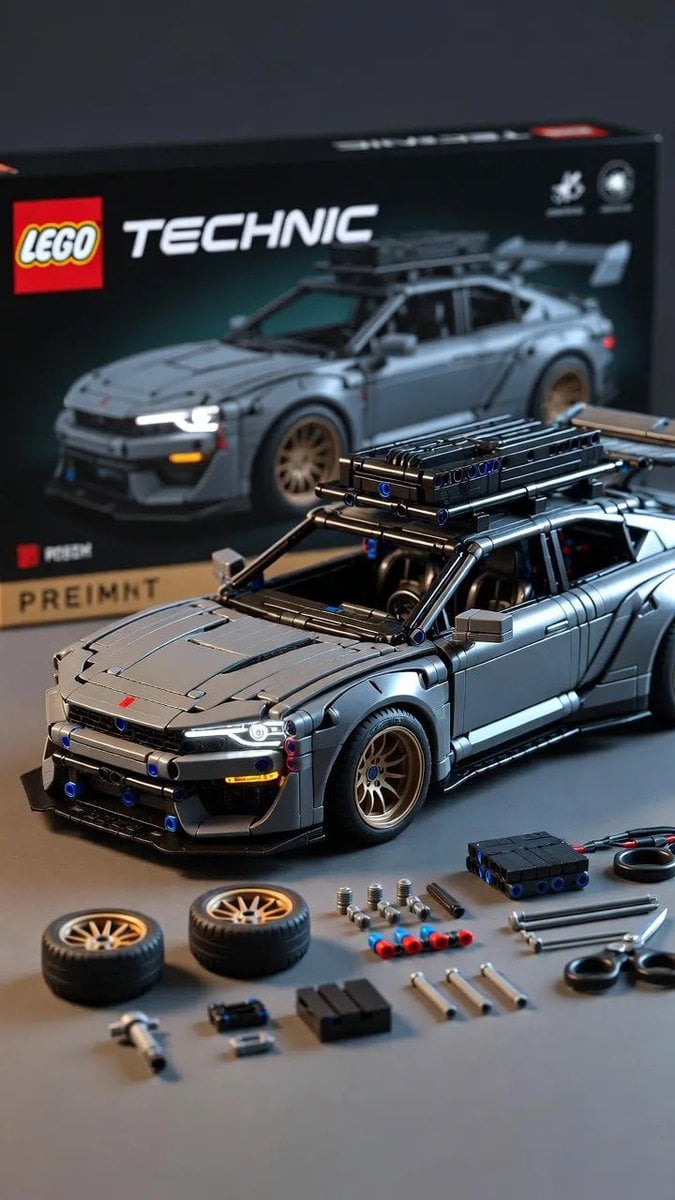 Ultra-detailed studio product render of a LEGO Technic style vehicle model based precisel...