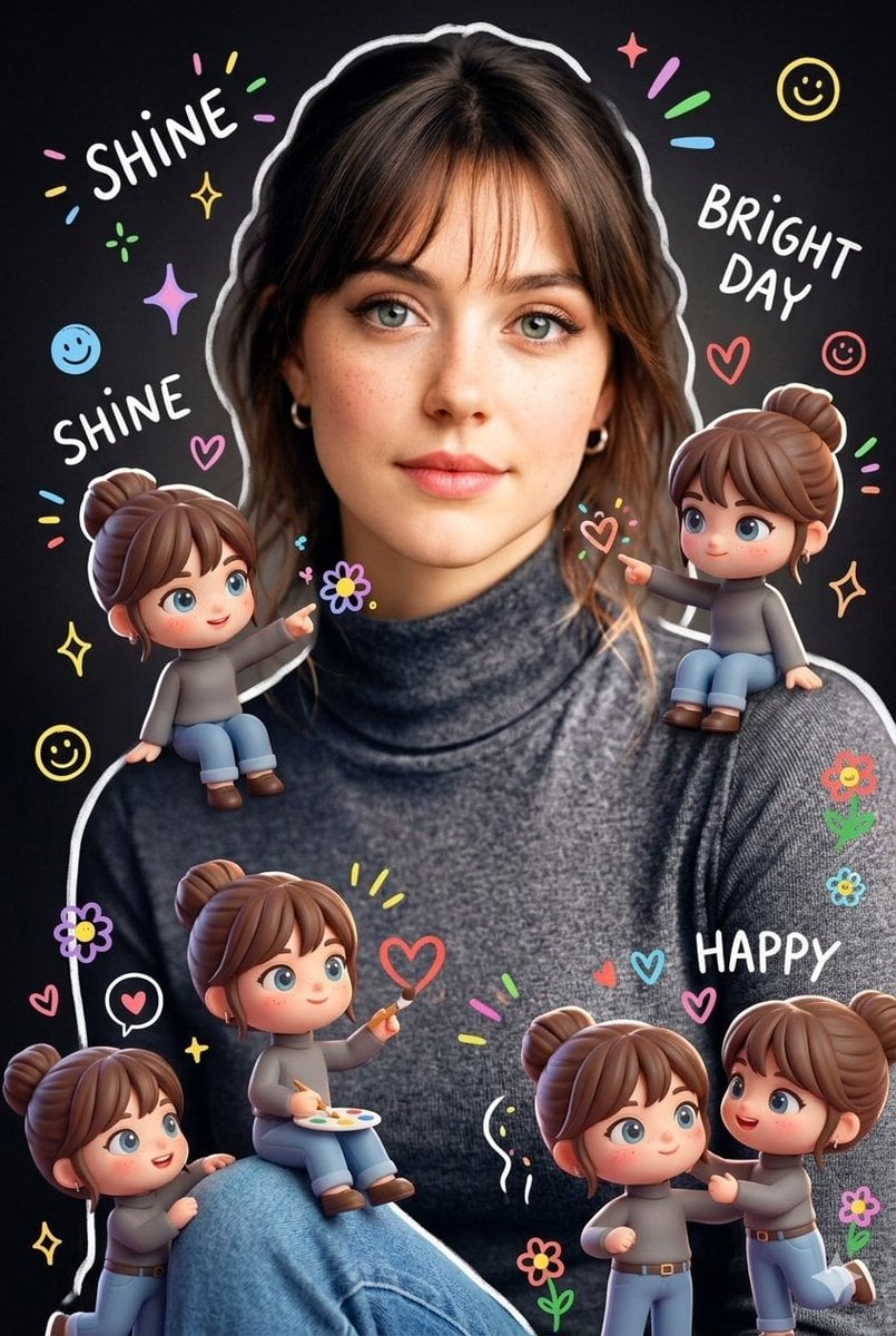 Surrounding the realistic main subject are multiple cute, 3D-style chibi miniatures of th...