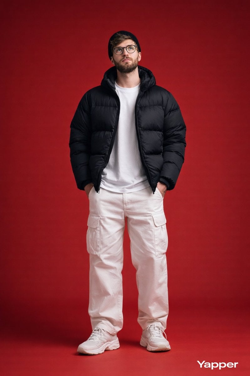 Ultra-realistic full-body studio fashion portrait of a stylish young man standing confide...