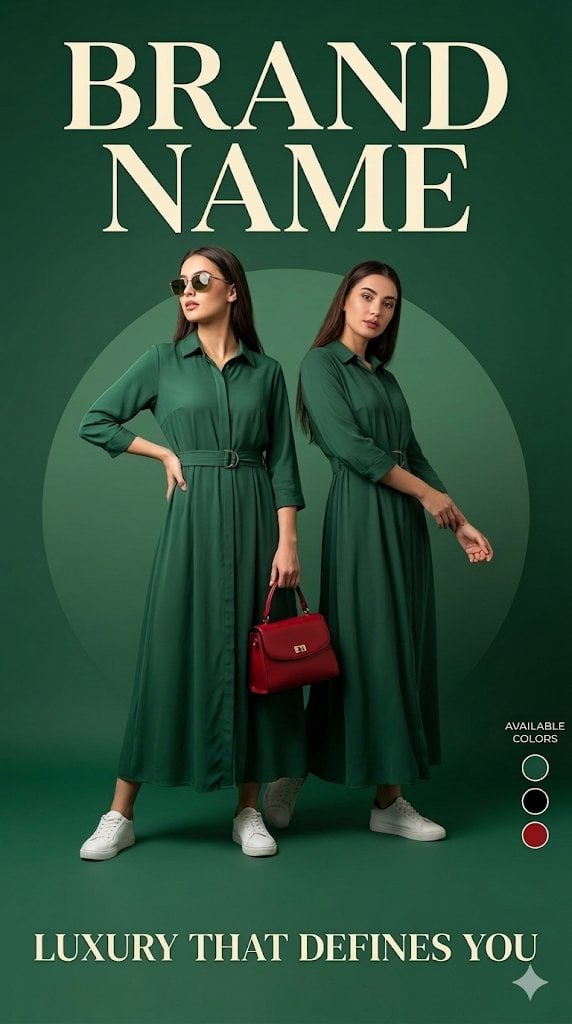 Luxury fashion advertisement poster, deep green background with a soft circular gradient ...