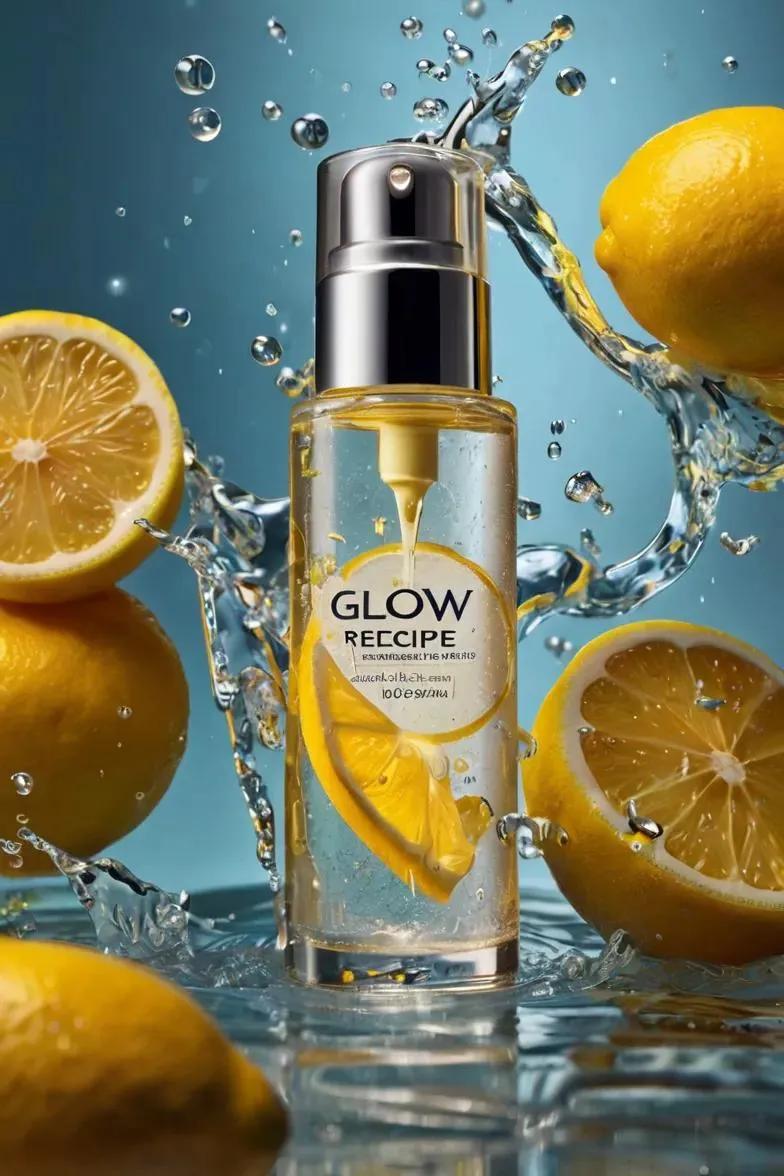 Ultra-realistic skincare advertising photography featuring a frosted citrus glass bottle ...