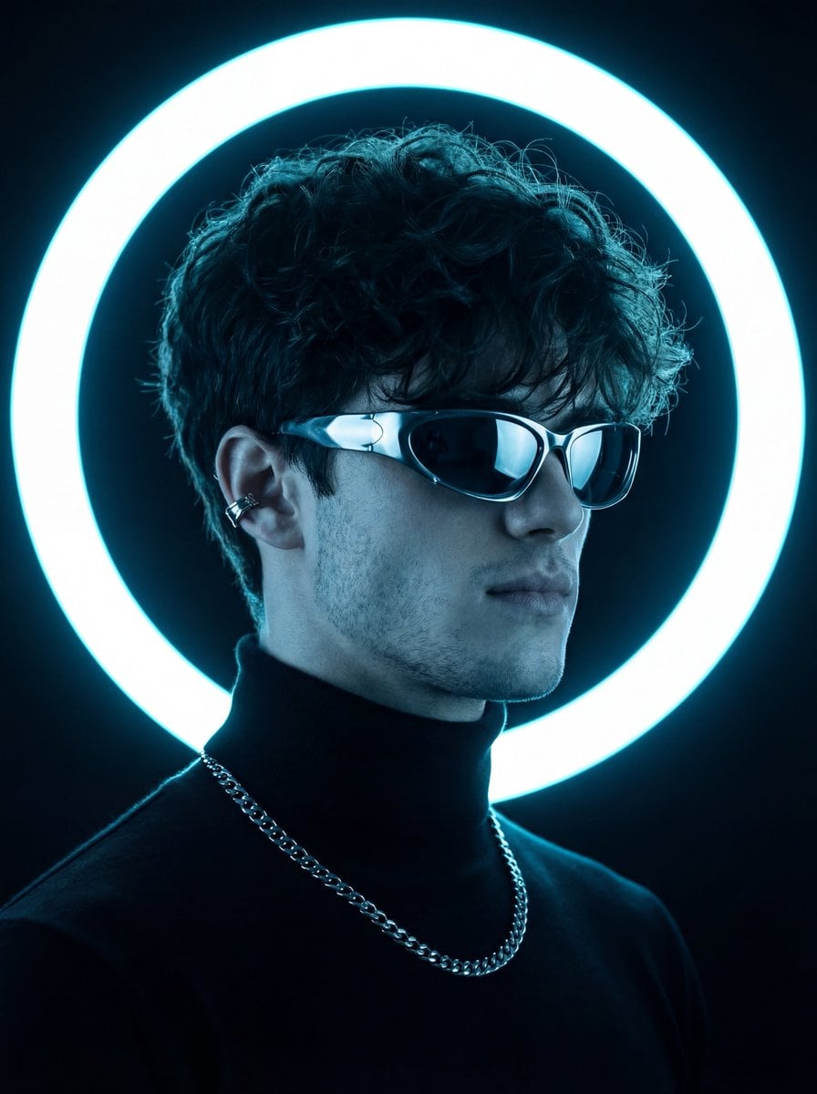 captured in a dark studio environment with a strong minimalist and futuristic aesthetic. ...