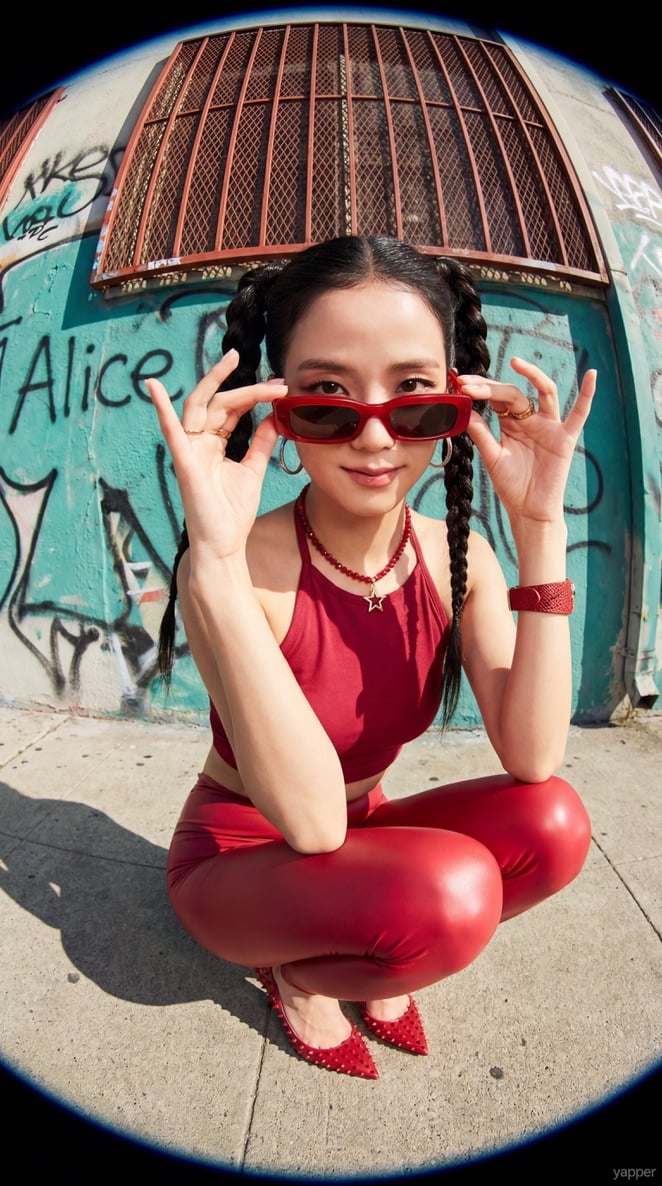Generate a highly detailed, photorealistic 8K streetwear fashion portrait of Rosé of Blac...