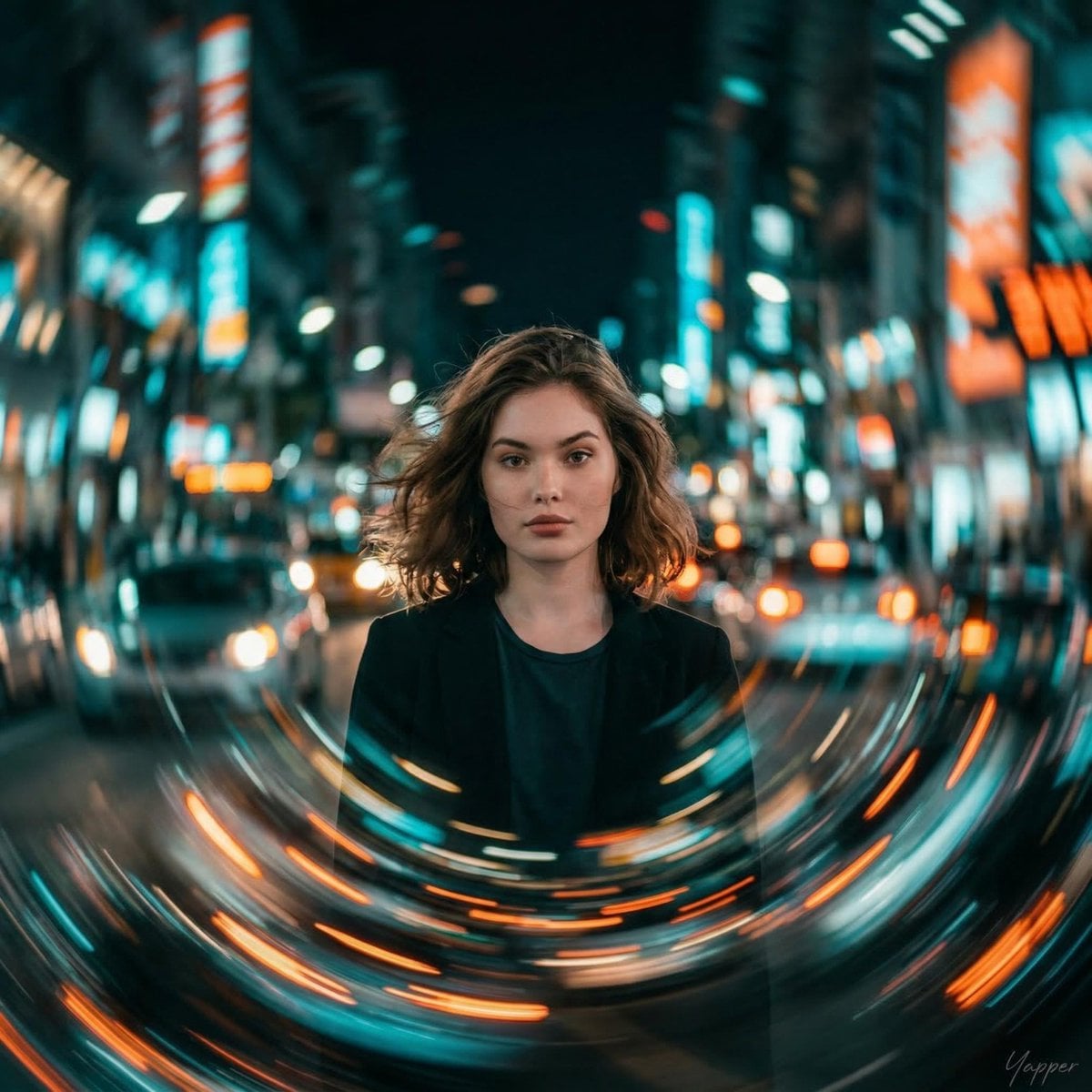cinematic portrait of a young woman standing perfectly still as the city around her spira...