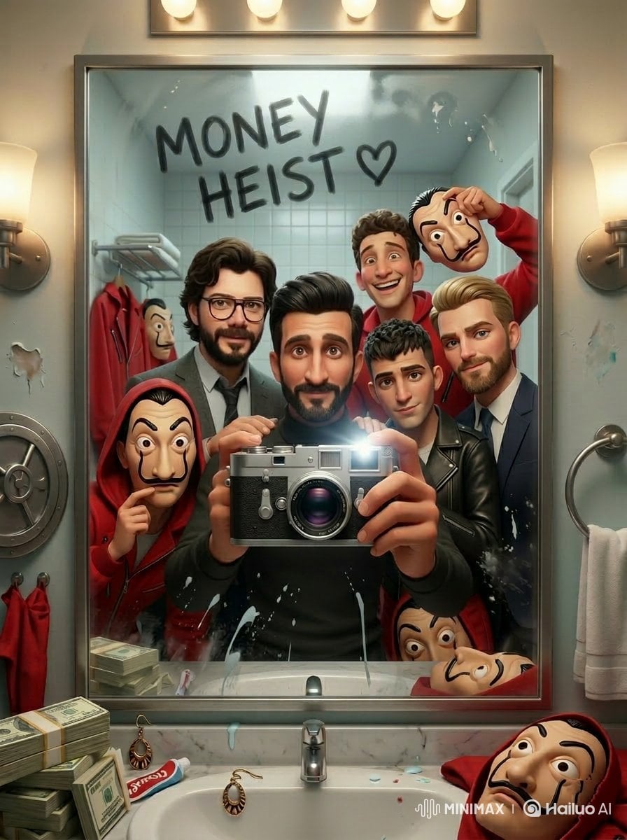 Cinematic mirror selfie scene inspired by a retro 80s sci-fi horror vibe, a group of teen...