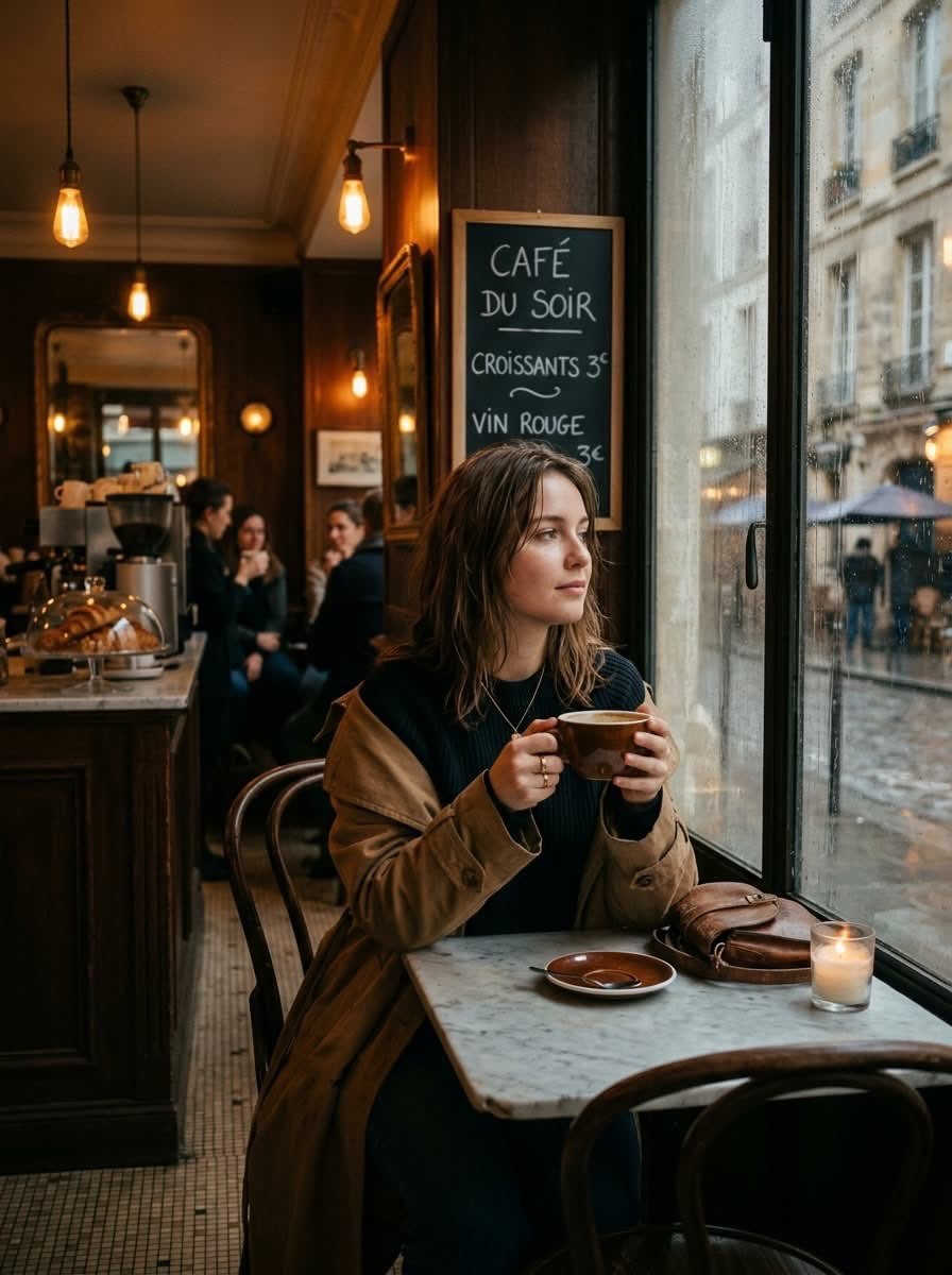 Cinematic photo of a young woman sitting alone in a cozy Parisian café on a rainy day, ho...