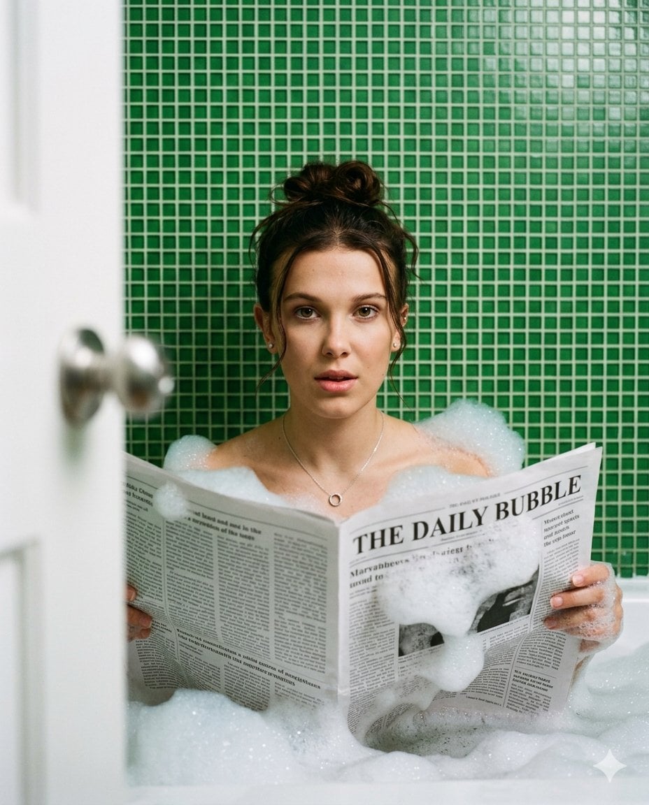A young blonde Hollywood actress, similar to Sydney Sweeney, appears inside a bathtub fil...