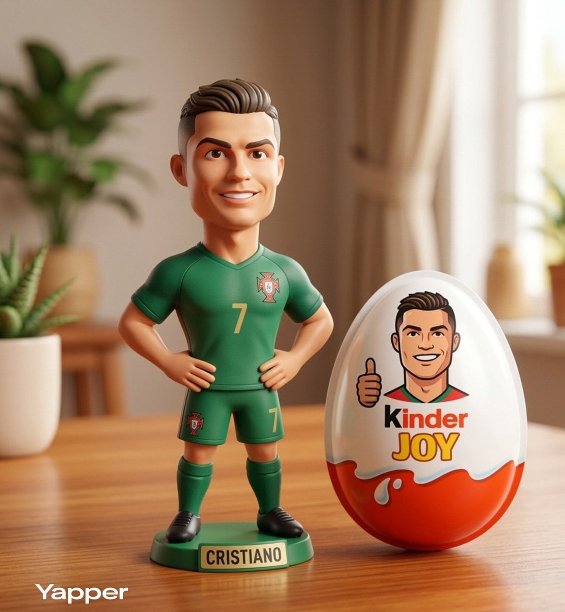 A cute stylized 3D collectible figurine inspired by Cristiano Ronaldo, with short styled ...
