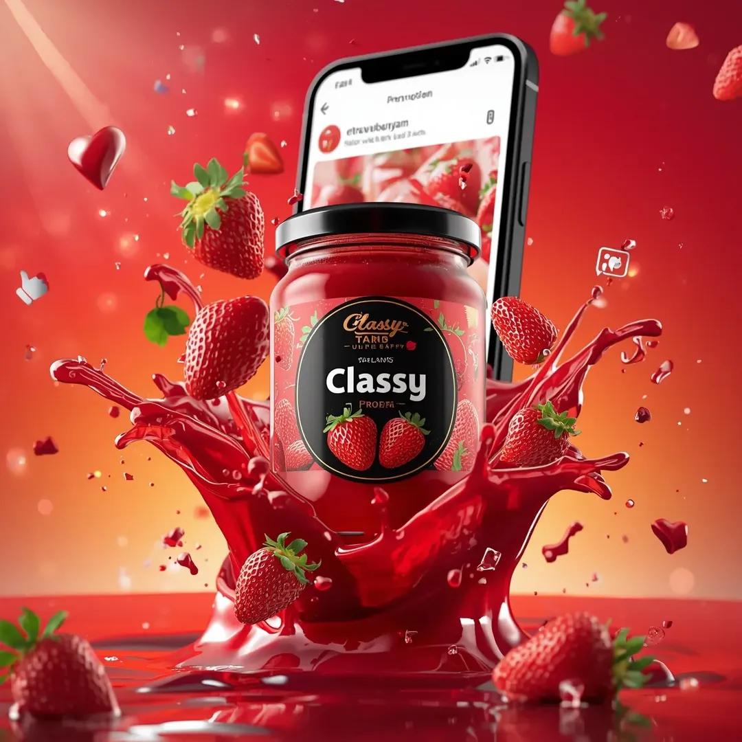 Ultra-realistic commercial food product advertising scene featuring a glass jar labeled "...