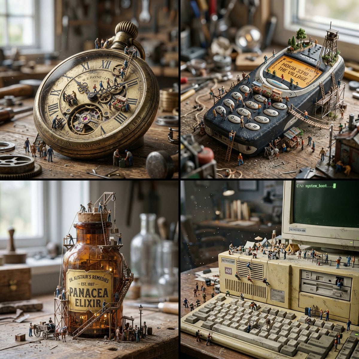 Create a hyper-realistic macro photograph of a miniature surreal scene. The environment i...