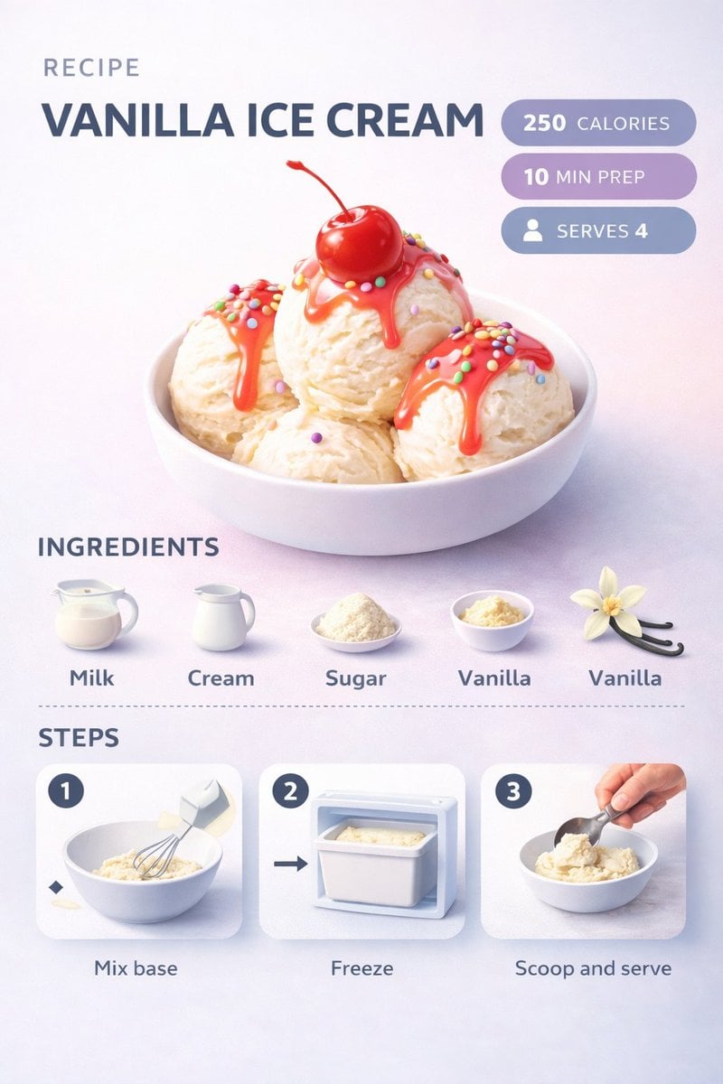 Ultra-clean modern recipe infographic. Showcase Vanilla Ice Cream Scoops with syrup and t...
